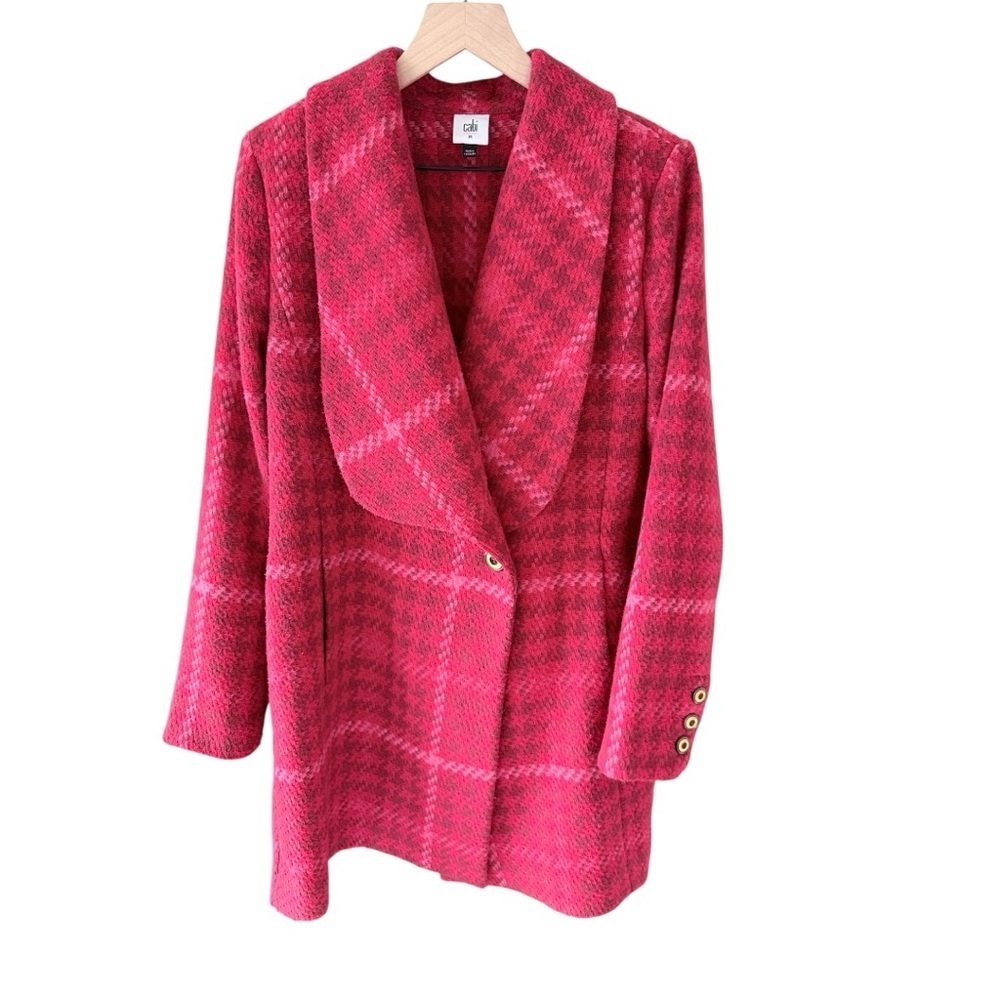 Cabi Evita Red Pink Plaid Tweed Belted Pea Coat Jacket Size M Style 4295